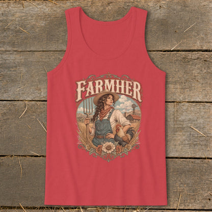 Farmer woman with pitchfork and rooster graphic with "FARMHER" text.