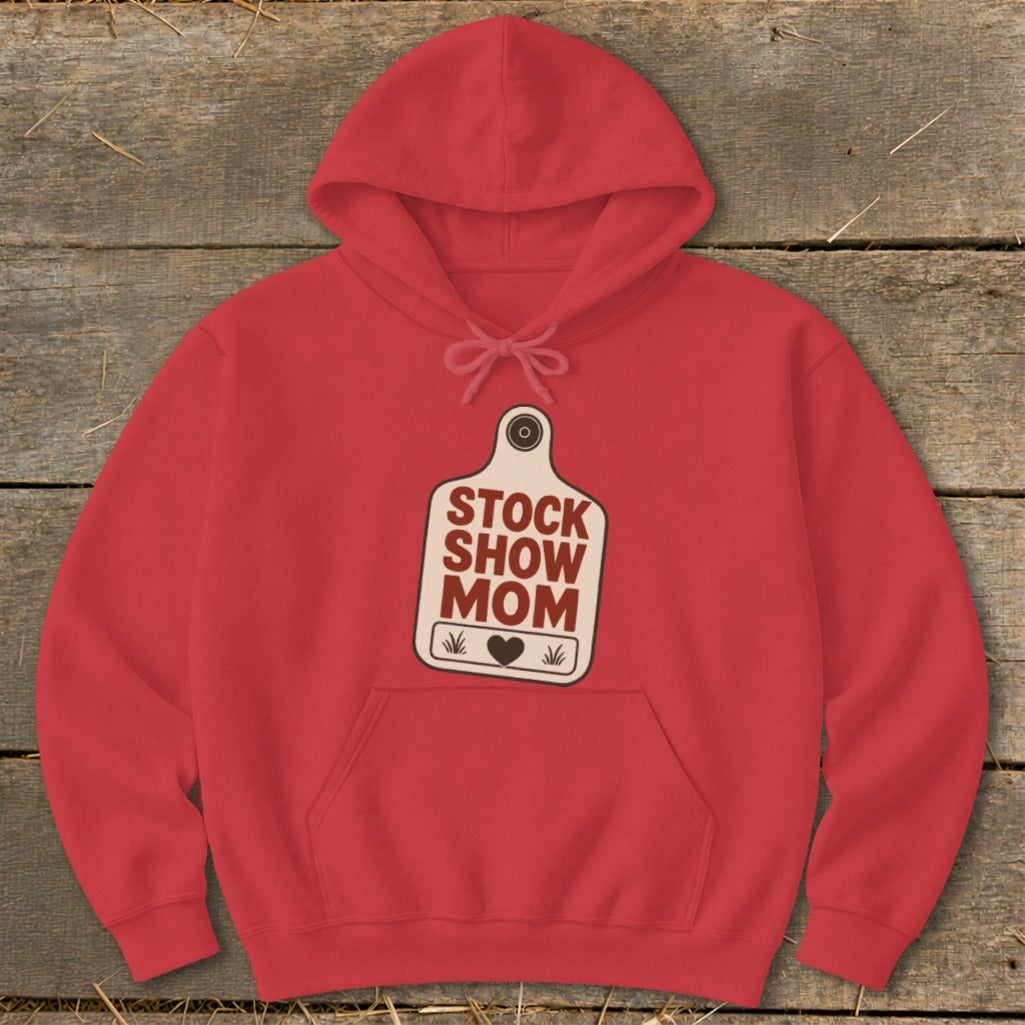 Red hoodie with "STOCK SHOW MOM" graphic on a cattle tag.