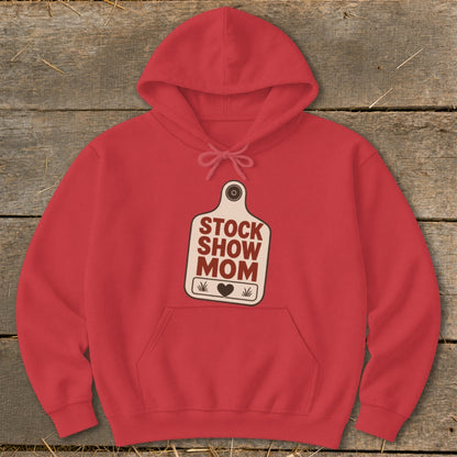 Red hoodie with "STOCK SHOW MOM" graphic on a cattle tag.