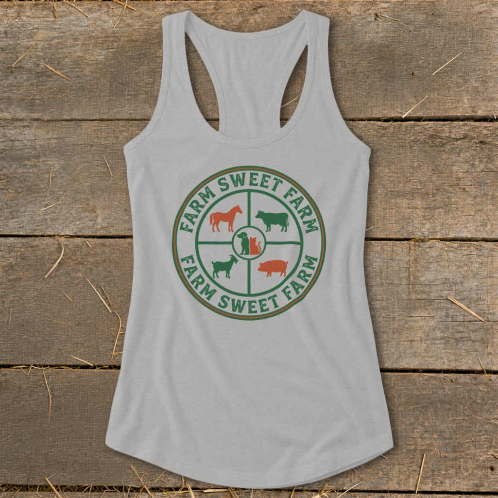 Light grey tank top with circular farm animal graphic and text "Farm Sweet Farm".