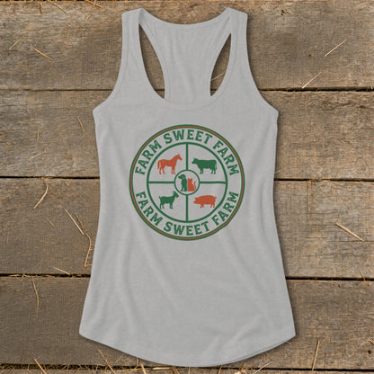 Light grey tank top with circular farm animal graphic and text "Farm Sweet Farm".