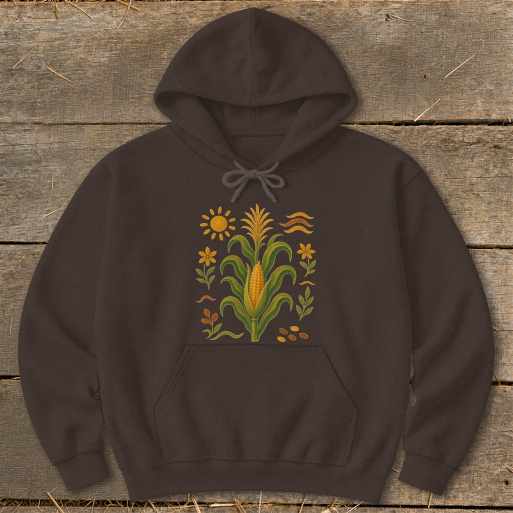 Brown hoodie with a corn stalk, sun, flowers, and wavy lines graphic design.