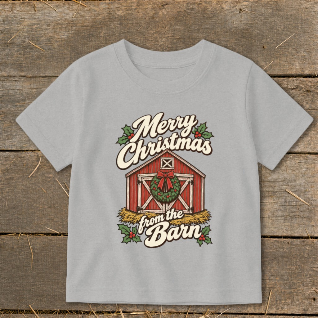 Merry Christmas from the Barn text with barn and wreath graphic.