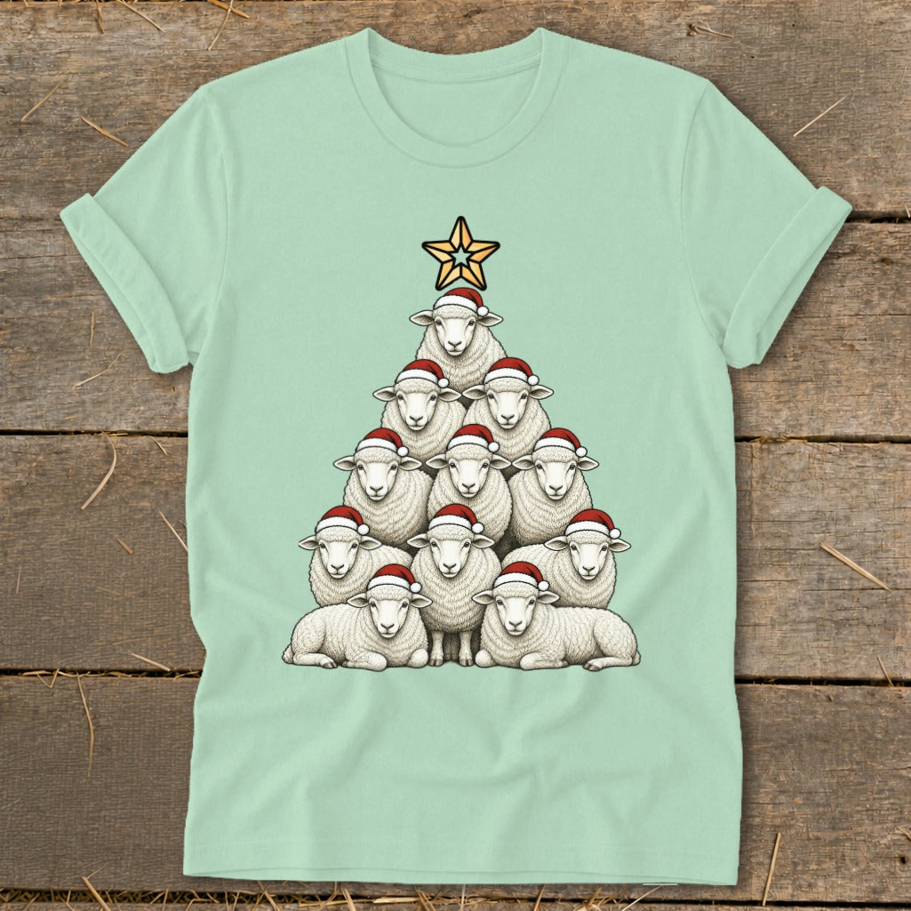 Christmas tree formed of sheep wearing Santa hats with star on top.