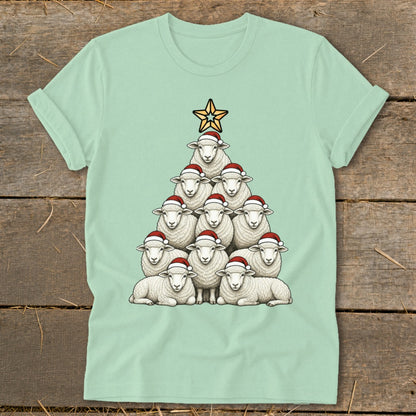 Christmas tree formed of sheep wearing Santa hats with star on top.