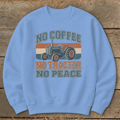 Light blue sweatshirt with "NO COFFEE NO TRACTOR NO PEACE" text and tractor graphic.