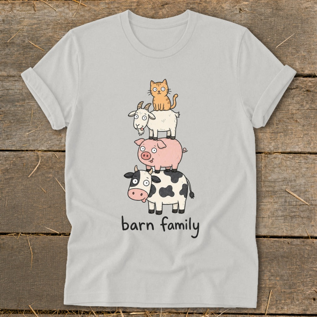 Cat, goat, and pig stacked on a cow with "barn family" text.