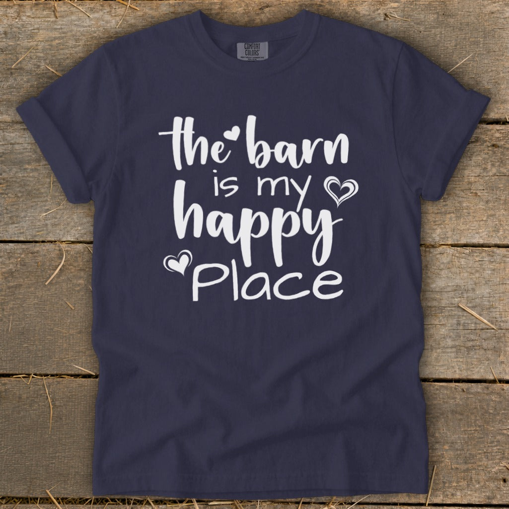 Navy t-shirt with white text that reads "the barn is my happy place".