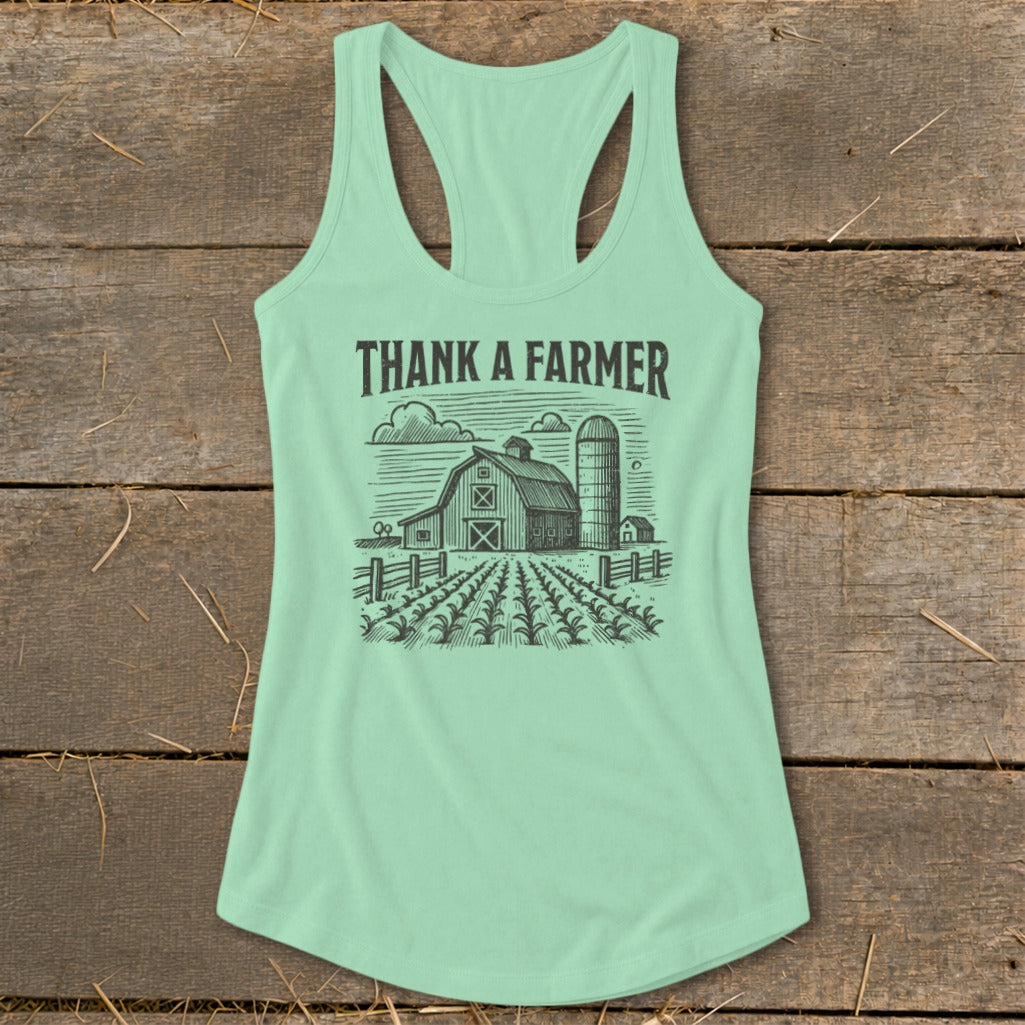 Tank top with "Thank A Farmer" text and a farm scene graphic.