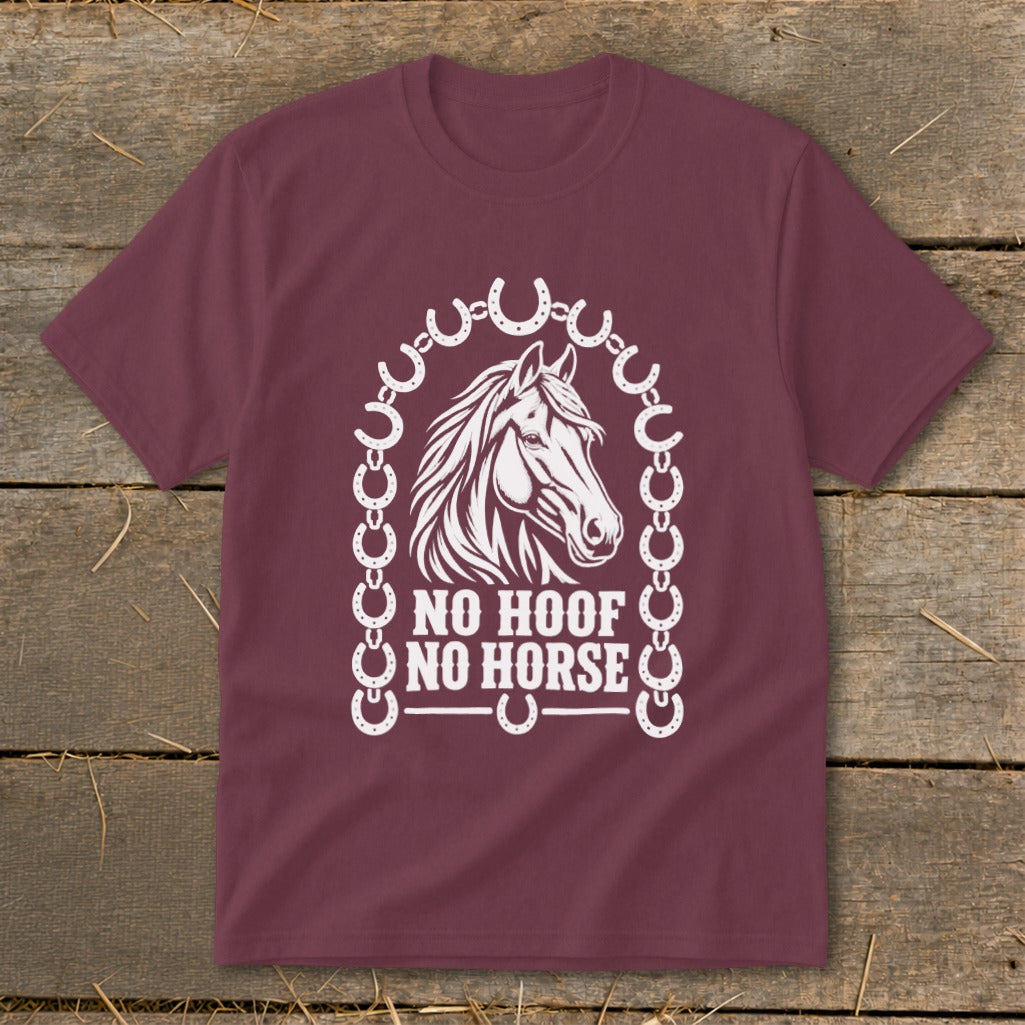 Maroon t-shirt with horse head graphic and text "NO HOOF NO HORSE".