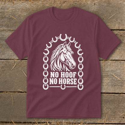 Maroon t-shirt with horse head graphic and text "NO HOOF NO HORSE".