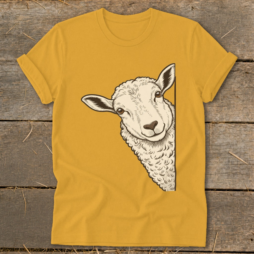 Yellow t-shirt with a peeking sheep illustration.