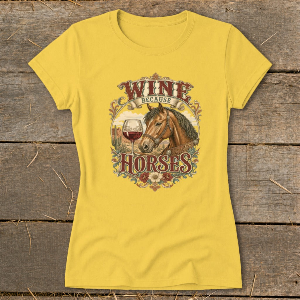 Yellow t-shirt graphic: Wine because horses, horse head, wine glass, desert landscape.