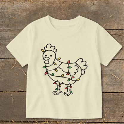 Cream t-shirt with a cartoon chicken wrapped in colorful holiday lights graphic.