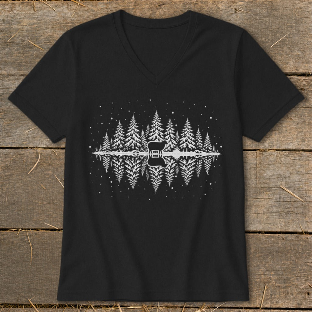 Black v-neck t-shirt with white pine trees and a deer reflected in water.