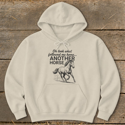 Cream hoodie with "Oh look what followed me home... ANOTHER HORSE" text and horse graphic.