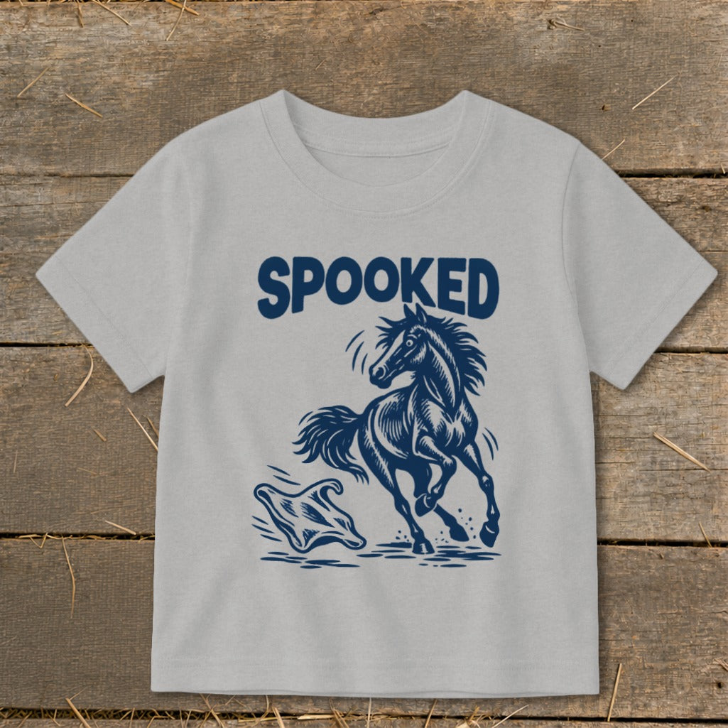 Grey t-shirt with "SPOOKED" text and a scared horse and ghost graphic.