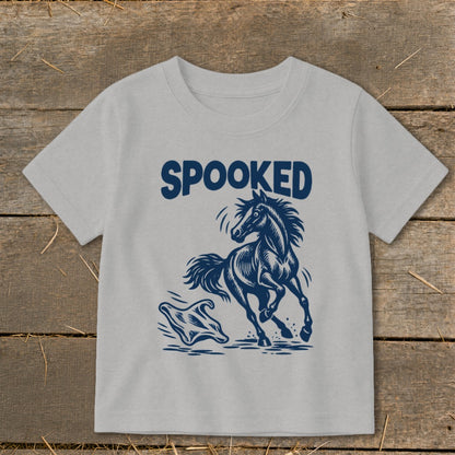 Grey t-shirt with "SPOOKED" text and a scared horse and ghost graphic.