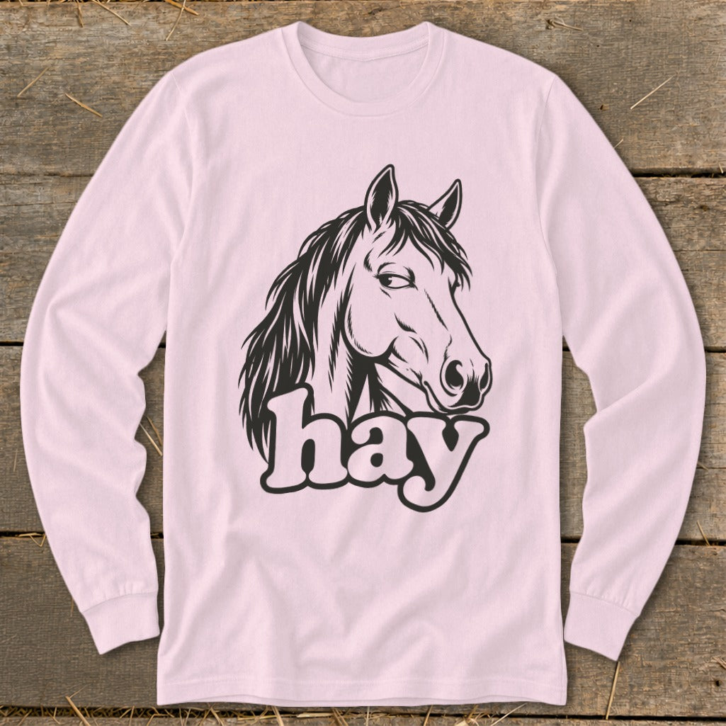 Pink long-sleeve shirt with a black graphic of a horse's head and the word "hay".
