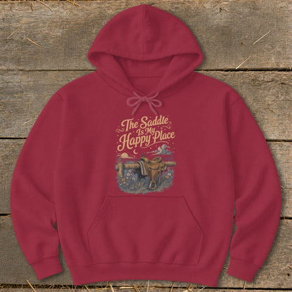 Maroon hoodie with "The Saddle Is My Happy Place" text and horse saddle graphic.