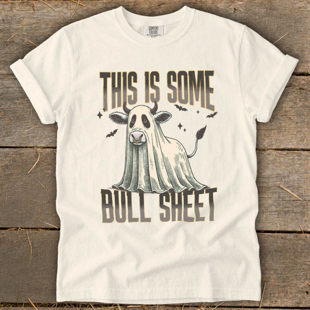 Cream t-shirt with ghost cow graphic and "THIS IS SOME BULL SHEET" text.