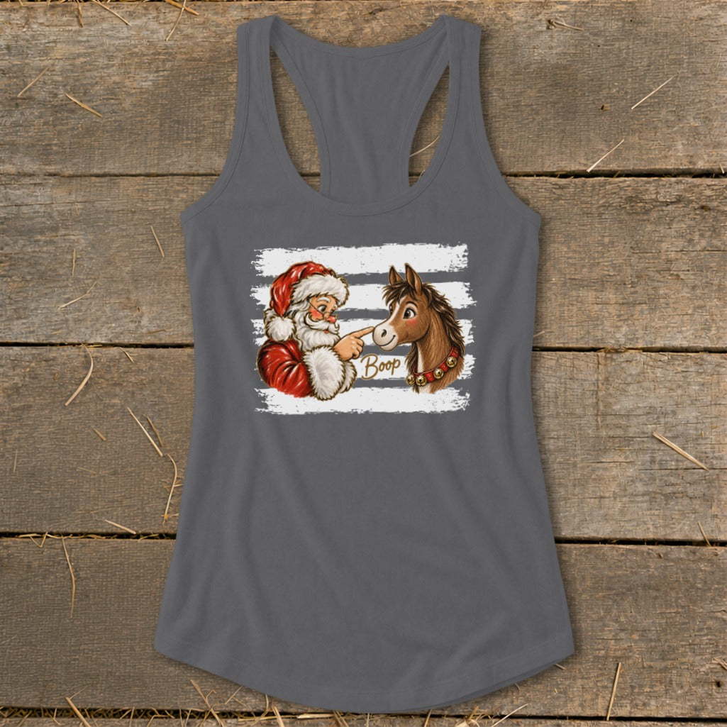 Santa Claus with finger touching a horse's nose, with text "Boop".