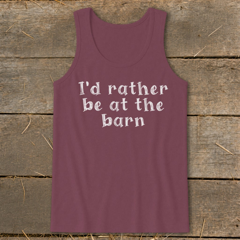 Maroon tank top with white text that reads "I'd rather be at the barn."