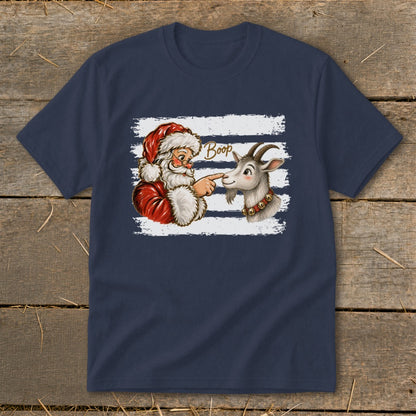Santa booping a goat with "Boop" text on a striped background.