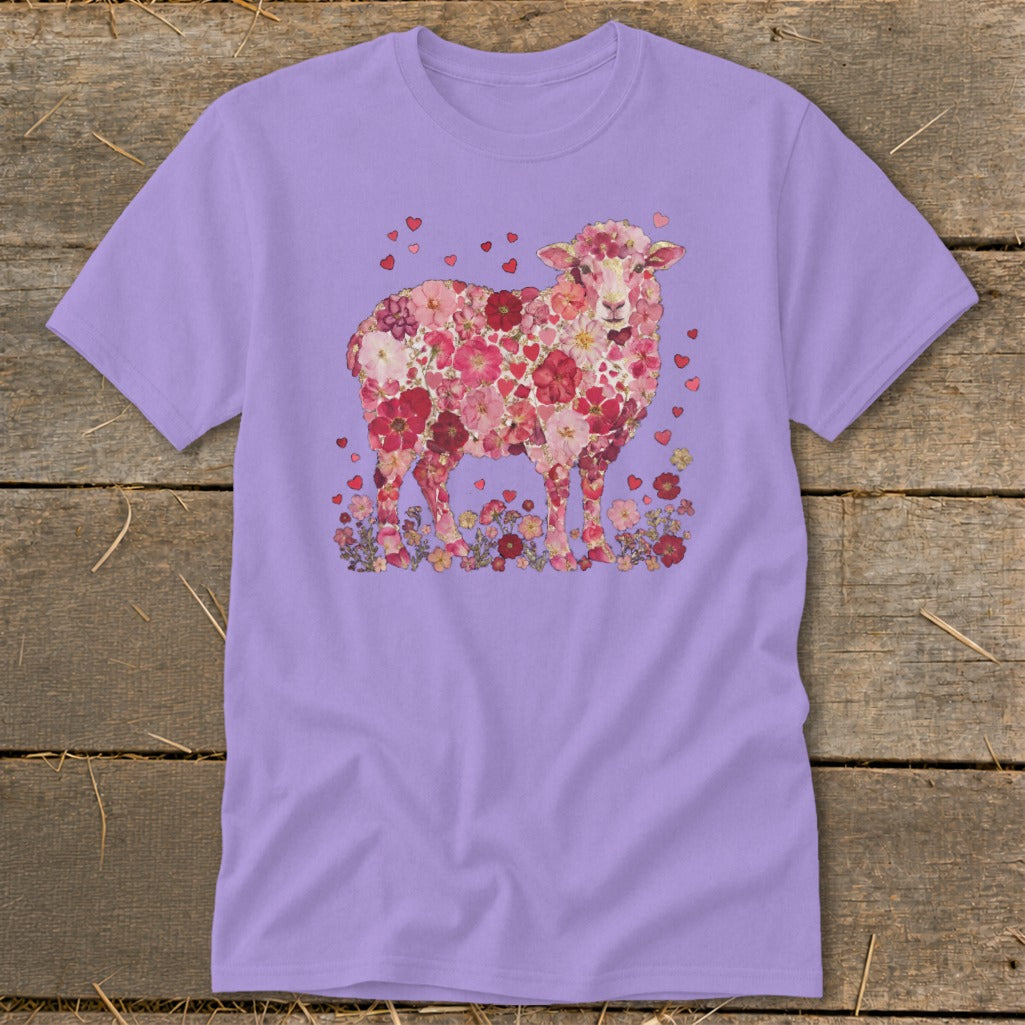 Lavender t-shirt with a sheep illustration made of pink and red flowers and hearts.