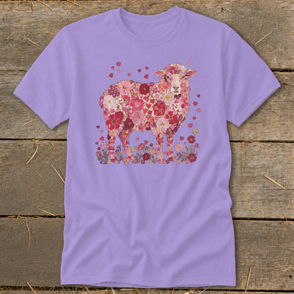 Lavender t-shirt with a sheep illustration made of pink and red flowers and hearts.
