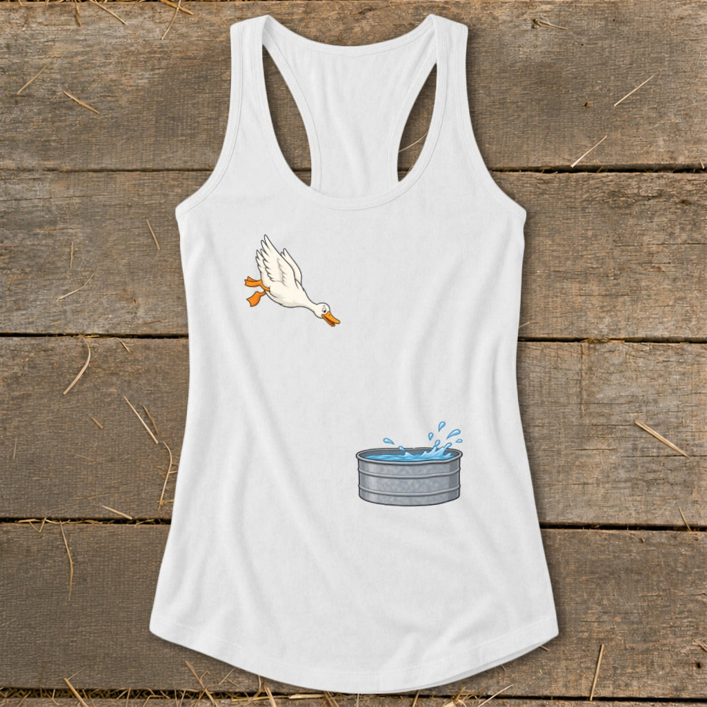 White tank top with a cartoon duck jumping into a stock tank of water.