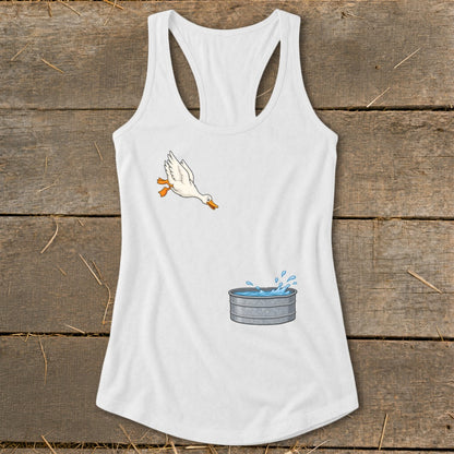 White tank top with a cartoon duck jumping into a stock tank of water.