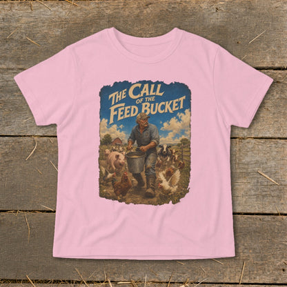 Pink t-shirt with "The Call of the Feed Bucket" graphic featuring a farmer feeding animals.