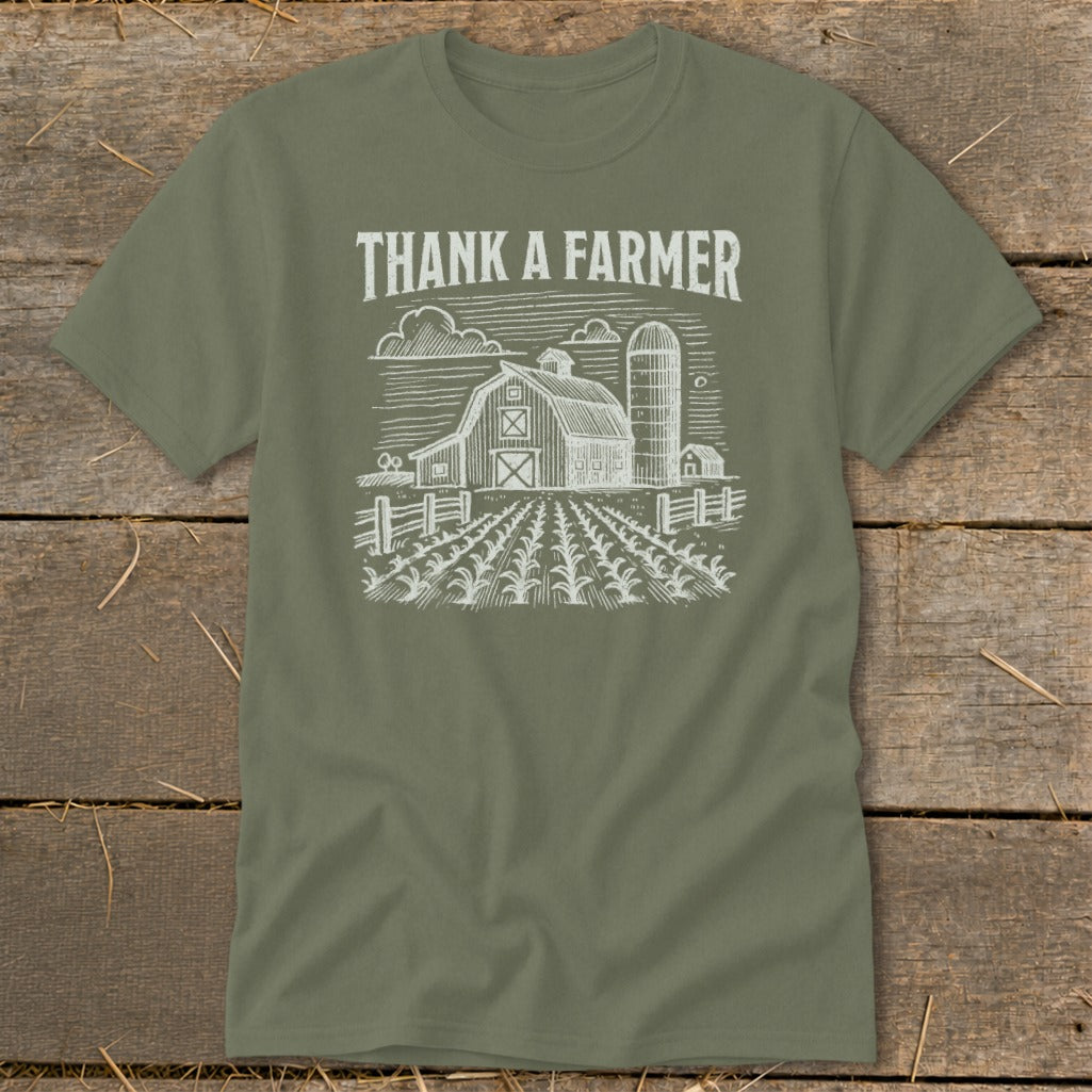 Olive green t-shirt with "Thank a Farmer" text and barn farm scene graphic.