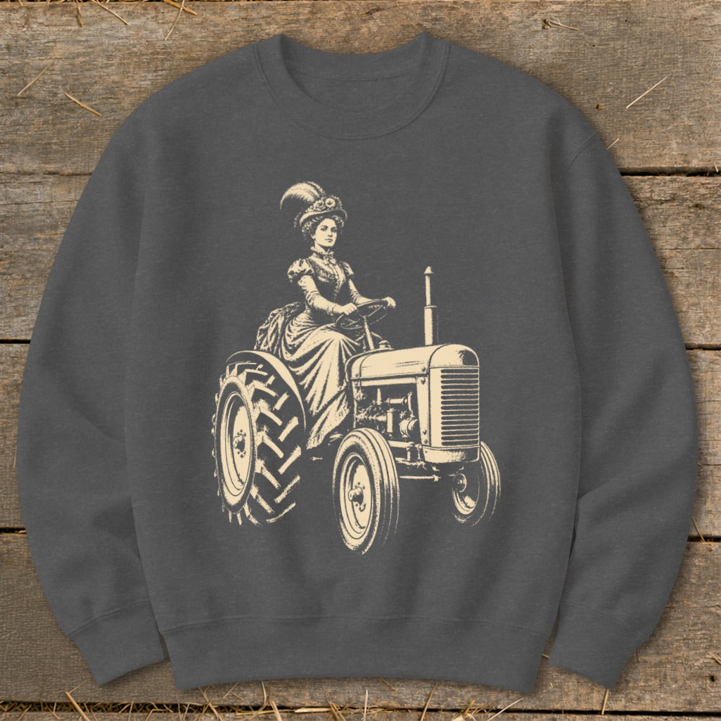 Woman in vintage dress and hat driving a tractor illustration.