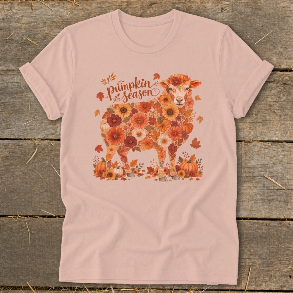 Sheep made of fall flowers with "Pumpkin Season" text and pumpkins.
