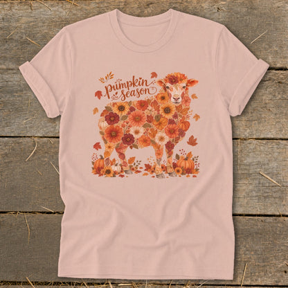 Sheep made of fall flowers with "Pumpkin Season" text and pumpkins.