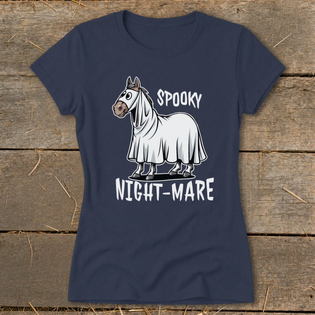 Horse in ghost costume with text "Spooky Night-Mare" on a navy t-shirt.
