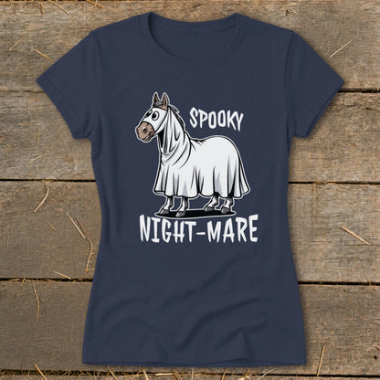 Horse in ghost costume with text "Spooky Night-Mare" on a navy t-shirt.