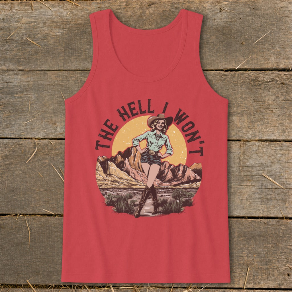 Red tank top with "The Hell I Won't" graphic featuring a cowgirl in the desert.