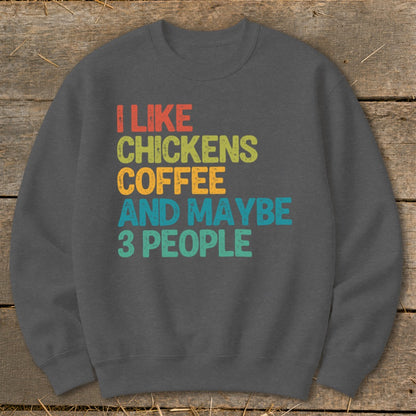 Dark grey sweatshirt with "I like chickens coffee and maybe 3 people" text.