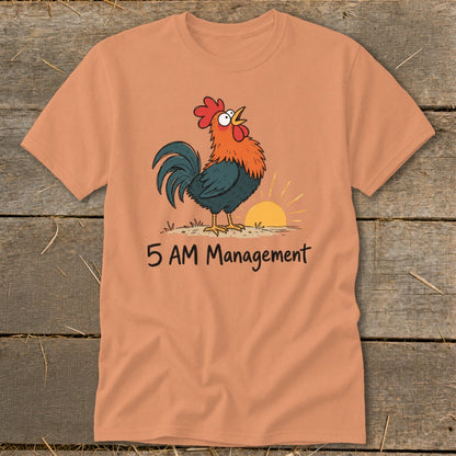 Rooster crowing at sunrise with text "5 AM Management"