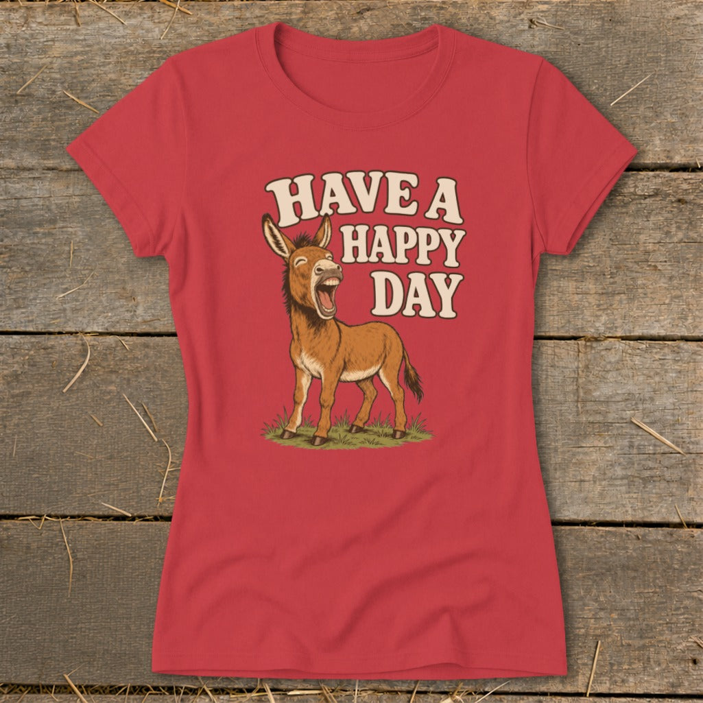 Red t-shirt with cartoon donkey and text "HAVE A HAPPY DAY".