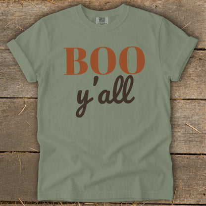 Olive green t-shirt with "BOO y'all" text in orange and brown.