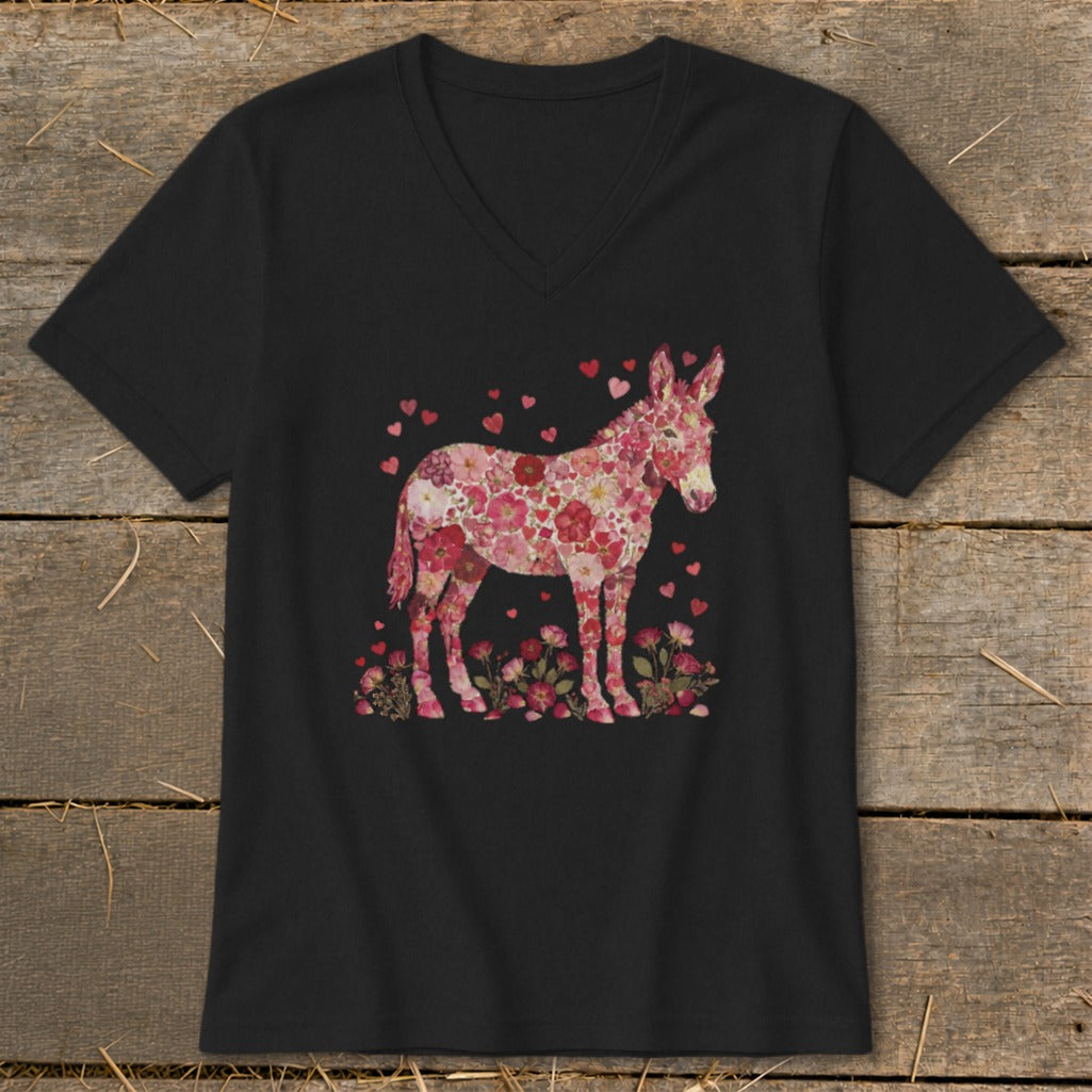 Donkey silhouette made of pink and red flowers, with hearts, on a black v-neck t-shirt.