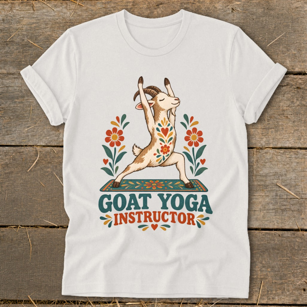 Goat doing yoga pose on mat with "Goat Yoga Instructor" text.