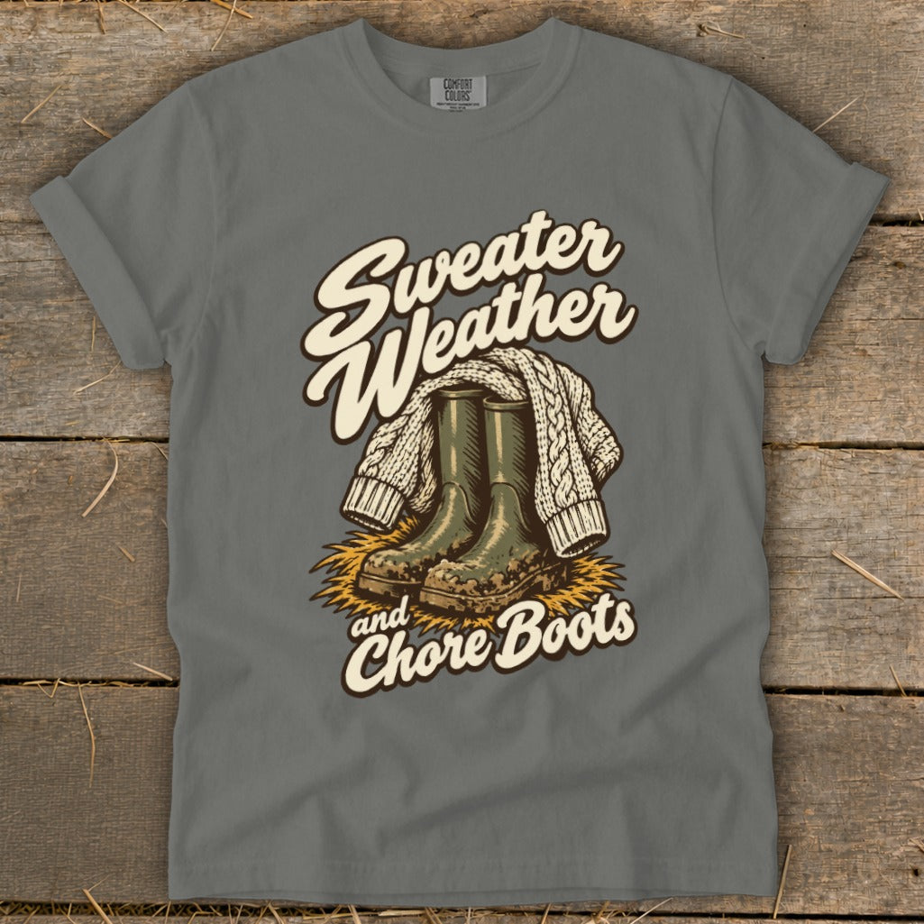 Sweater Weather and Chore Boots graphic on a grey t-shirt.