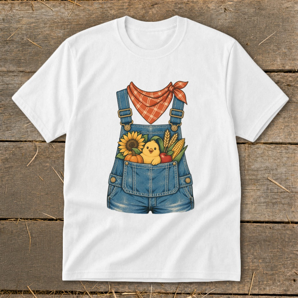 White t-shirt with illustration of denim overalls holding a chick, sunflower, pumpkin, apple, and corn.