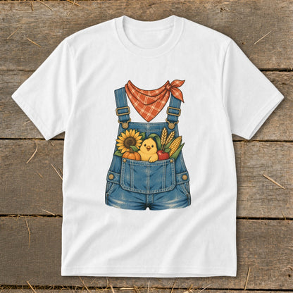 White t-shirt with illustration of denim overalls holding a chick, sunflower, pumpkin, apple, and corn.