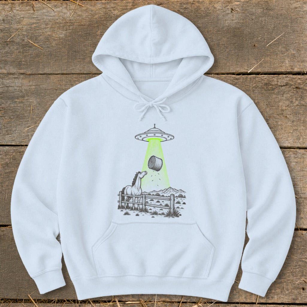 UFO beaming a hay bale down onto a curious horse in a pasture.